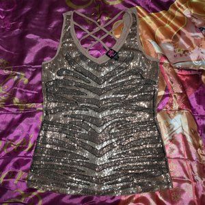 Bebe 2B SEQUIN BEADS METALLIC Bling Tank Top T-SHIRT Size Medium
